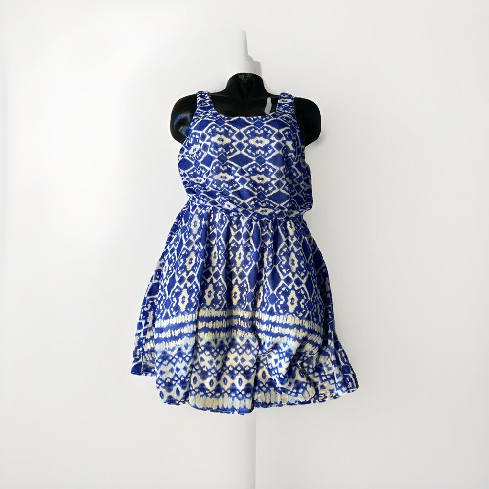 Japna Multicolored Geometric Print Sleeveless Mini Dress Sz L Blue White‎